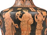 a vase that has a picture of a man and a woman on it