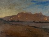 painting of a landscape with a mountain in the distance and a body of water in the foreground