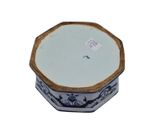 a small blue and white box with a lid