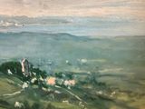 a painting of a man riding a horse on a hill
