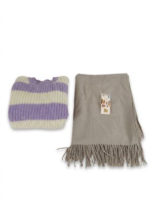 une écharpe et un bonnet en tricot violet et blanc sur fond blanc