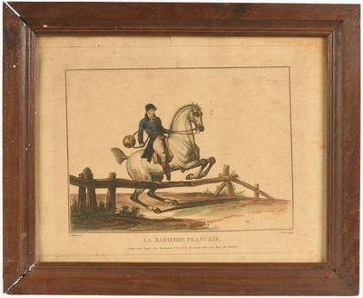 tableau représentant un homme à cheval sautant par-dessus une clôture en bois