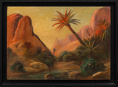 une peinture à l'huile représentant un paysage désertique avec des palmiers et des rochers