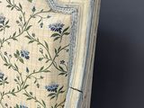 a blue and white chair with a floral design on it