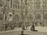 a drawing of a large room with people in it
