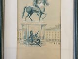 painting of a man riding a horse in front of a building