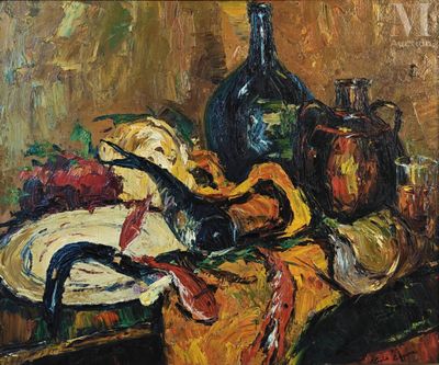 une peinture à l'huile représentant une nature morte avec une bouteille et une assiette posées sur une table