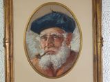 painting of an old man with a blue beret smoking a pipe