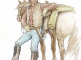 dessin représentant un cow-boy avec un cheval dans le désert