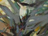 an oil painting of a plant in a vase on a table