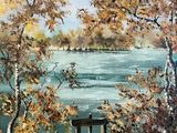 un tableau représentant un banc au bord d'un lac