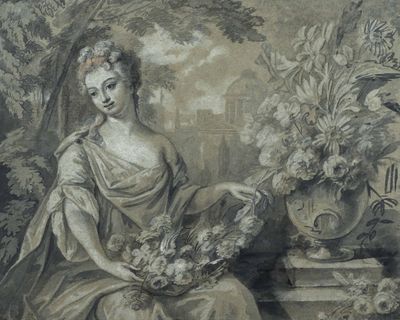 painting of a woman holding a bunch of flowers sitting on a table
