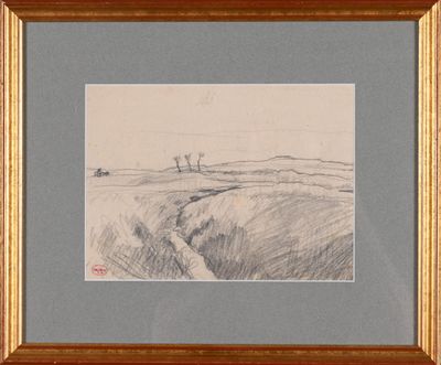 a drawing of a landscape with a dirt road in the foreground