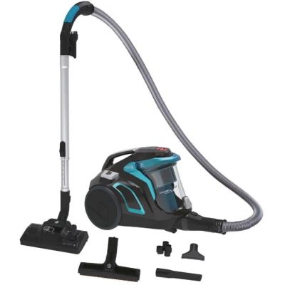 un aspirateur bleu et noir avec ses accessoires, sur fond blanc