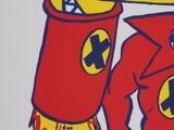 a picture of a red and yellow poster with a cartoon character on it
