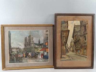 painting of a street scene and a painting of a church in a city