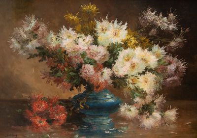 une peinture de fleurs dans un vase bleu sur une table