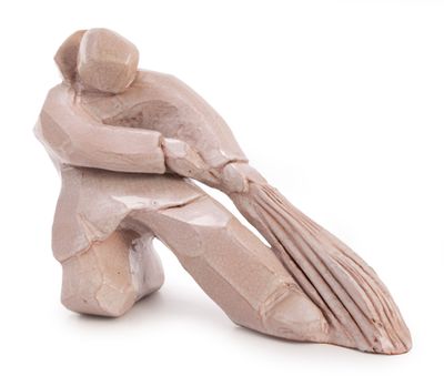 statue of a man holding a broom and a woman sitting on a bench