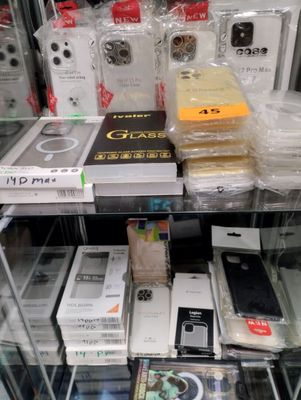 a display case full of cell phones in a store