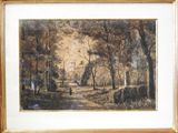 painting of a wooded scene with a person walking in the distance