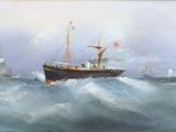 une peinture à l'huile représentant un navire en mer, avec d'autres navires en arrière-plan