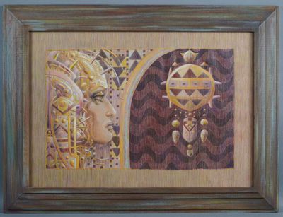 painting of a woman ' s profile with a sun and moon above her head