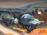 a painting of two horses pulling a cart down the road