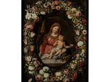 un tableau représentant une femme tenant un enfant dans une couronne de fleurs