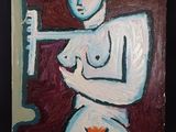 une peinture à l'huile représentant un homme tenant un couteau dans la main droite