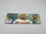 three coasters with a painting of a man and a vase of flowers on them