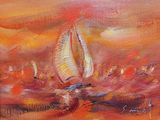 un tableau représentant un voilier en pleine mer, avec un coucher de soleil en arrière-plan