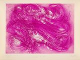 pink ink drawing of a woman ' s head with long hair
