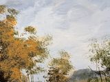 a painting of a man riding a horse down a dirt road
