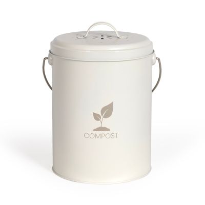 un bac à compost blanc orné d'un logo représentant une feuille