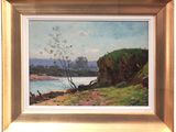 an image of a painting of a river with a tree in the foreground