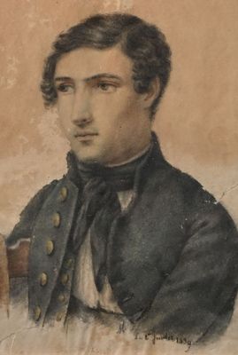 painting of a man in a military uniform holding a book