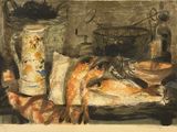 un tableau représentant un poisson posé sur une table, à côté d'un vase