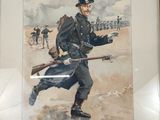 painting of a man in uniform holding a rifle and a rifle