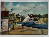 painting of a painting of a street scene with a gas station in the background