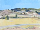 painting of a landscape with hills, trees, and a stream