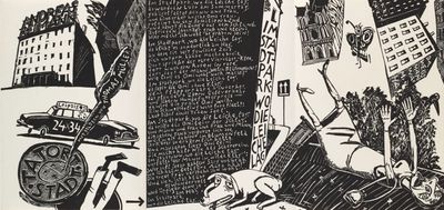 un dessin en noir et blanc représentant une ville avec une horloge