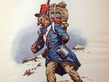 tableau représentant un soldat muni d'un fusil et portant un sac à dos sur le dos
