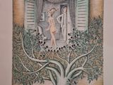 painting of a woman standing in a tree with a bird in her hand