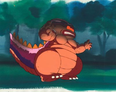une image représentant un personnage de dessin animé chevauchant un dinosaure dans un champ