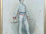 painting of a man holding a tennis racket and a tennis racquet