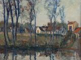 une peinture à l'huile représentant une rivière avec, en arrière-plan, des maisons et des arbres