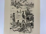 dessin représentant un groupe de personnes assises sur une plage au bord d'un plan d'eau