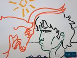 drawing of a man and a woman looking at each other with a sun in the background