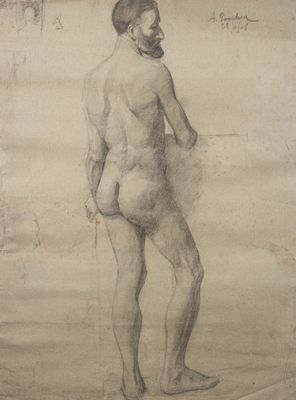an old drawing of a man standing in the sand with his hands on his hips