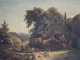 un vieux tableau représentant une scène de vie à la ferme avec un cheval et une charrette